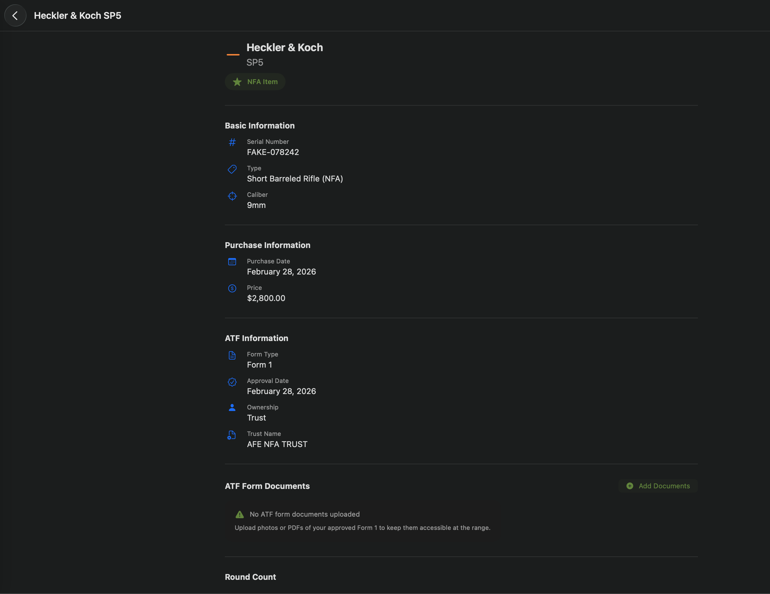 Mac — NFA item detail with ATF information, form type, and trust details